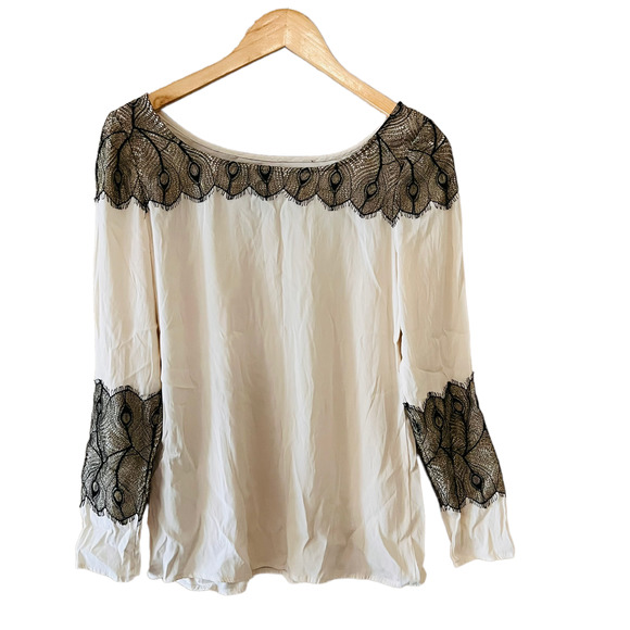 JayGodffrey Lace Detail Long Sleeves Top Size 6 Cream Black - Picture 2 of 7